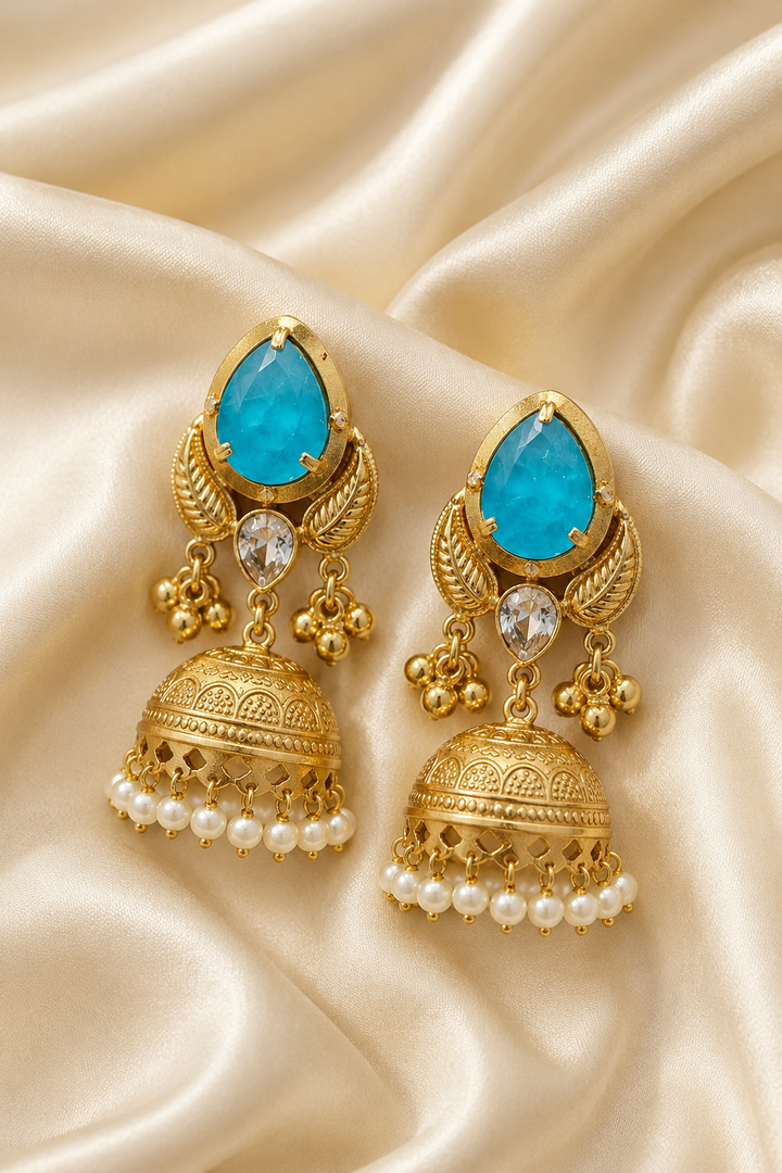 Turquoise Gold Jhumka Earrings