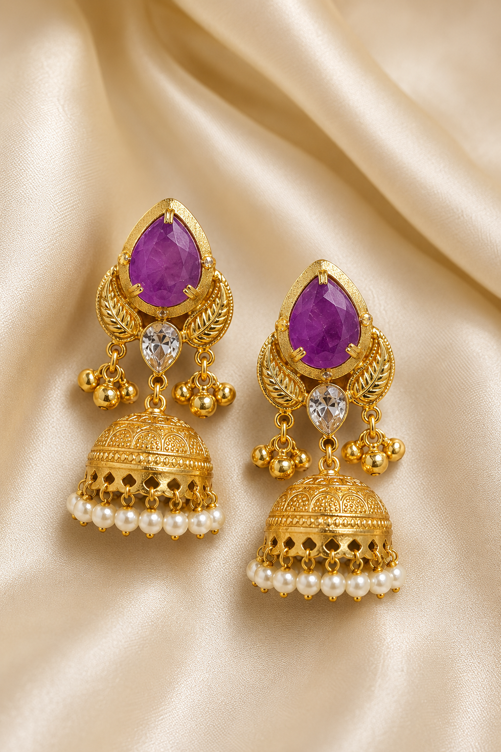Purple Stone Pearl Jhumka Earrings