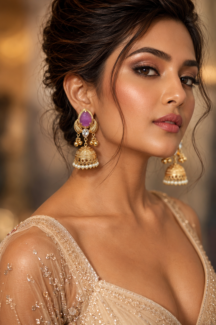 Purple Stone Pearl Jhumka Earrings