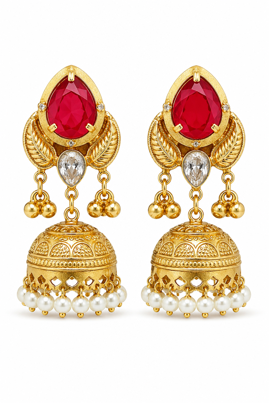 Rani Pink Stone Pearl Jhumka Earrings