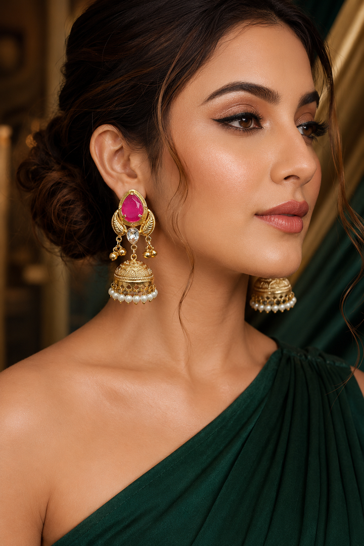 Rani Pink Stone Pearl Jhumka Earrings
