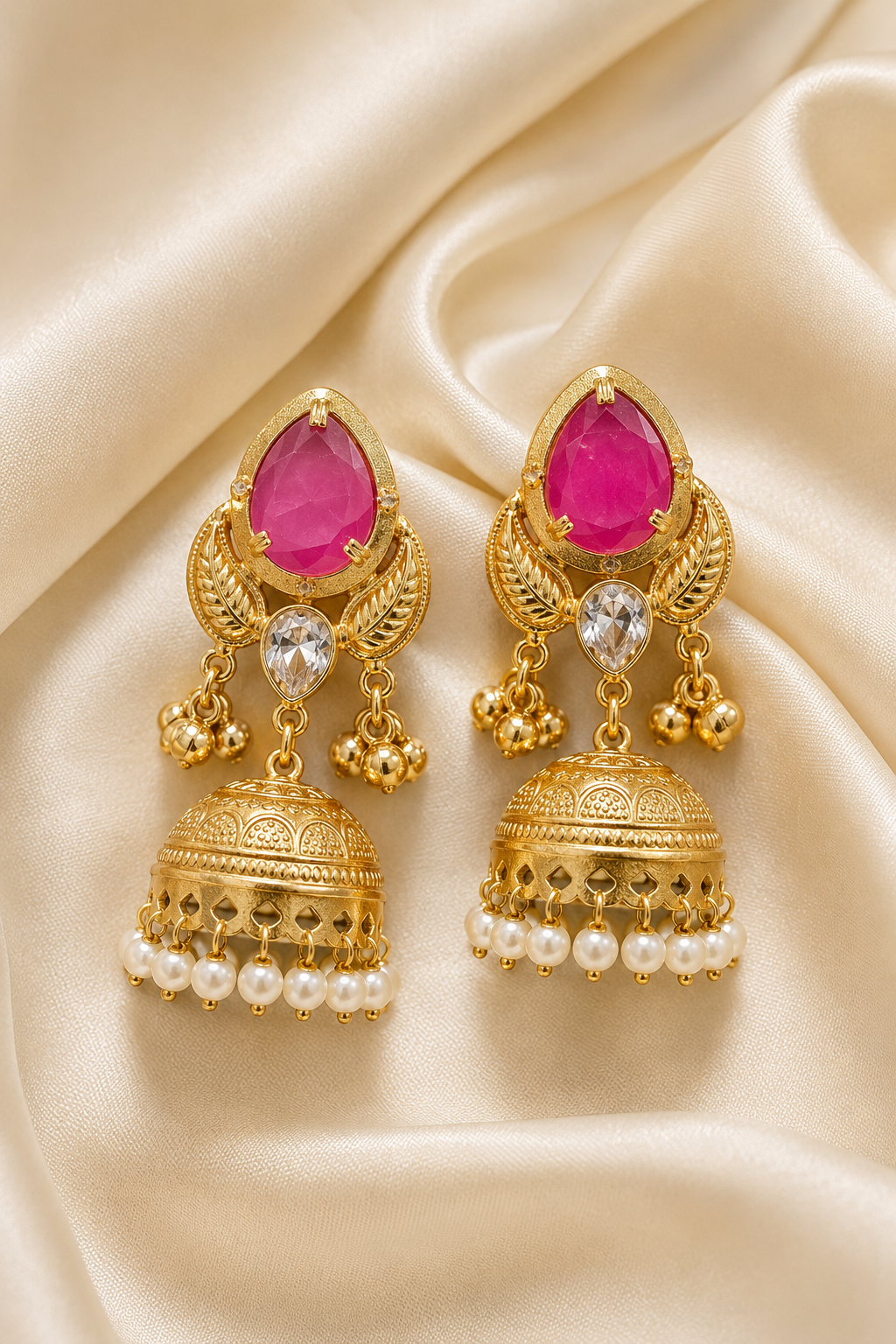Rani Pink Stone Pearl Jhumka Earrings