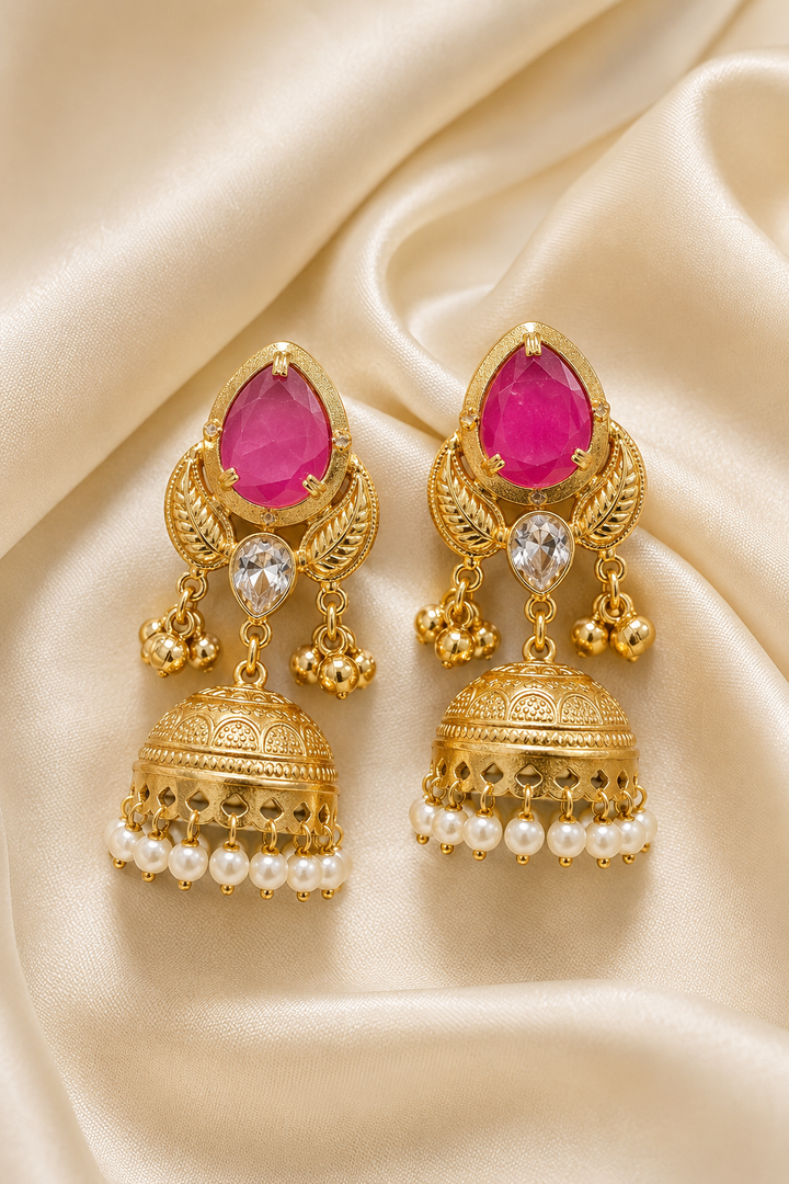 Rani Pink Stone Pearl Jhumka Earrings