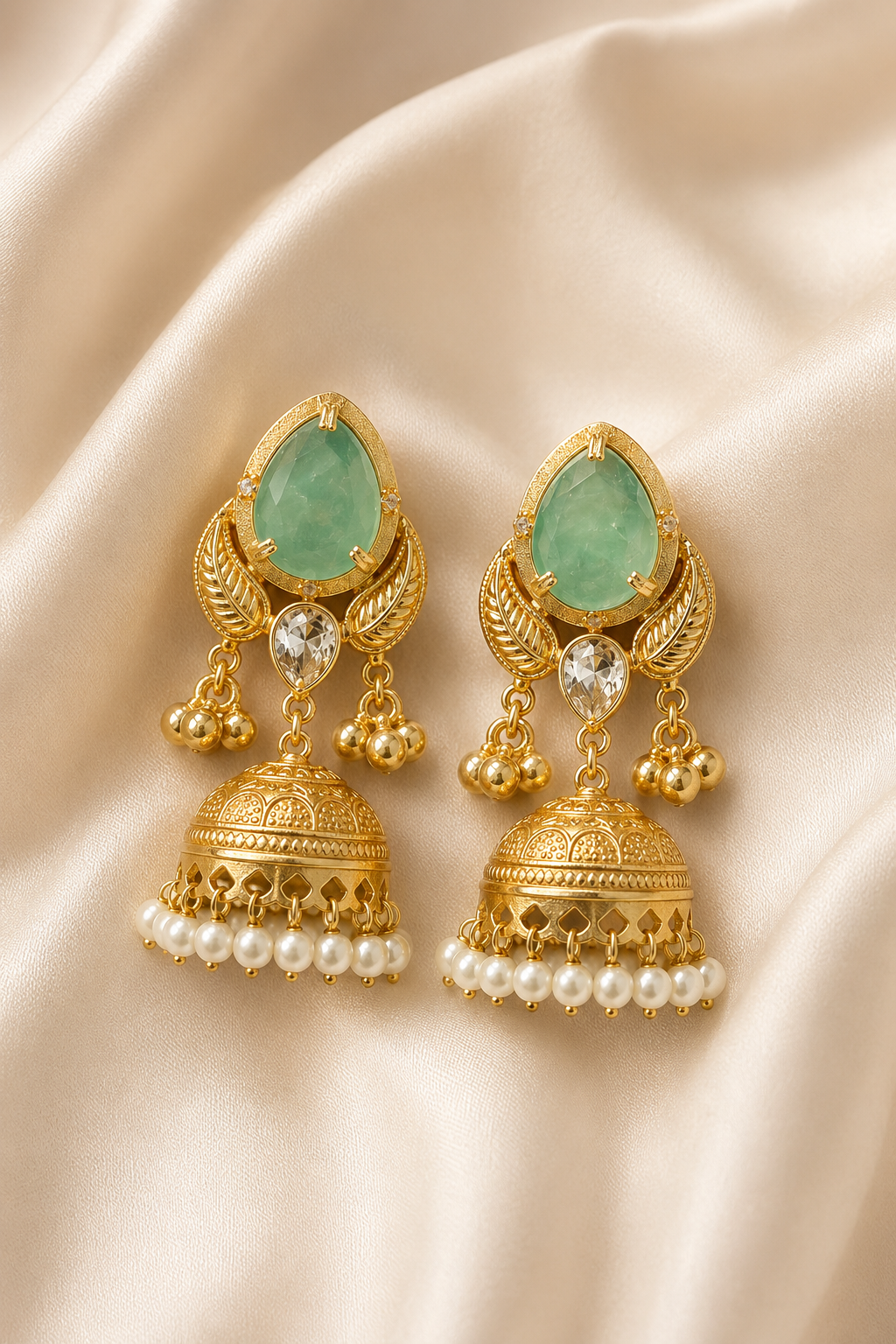Pista Green Stone Pearl Jhumka Earrings
