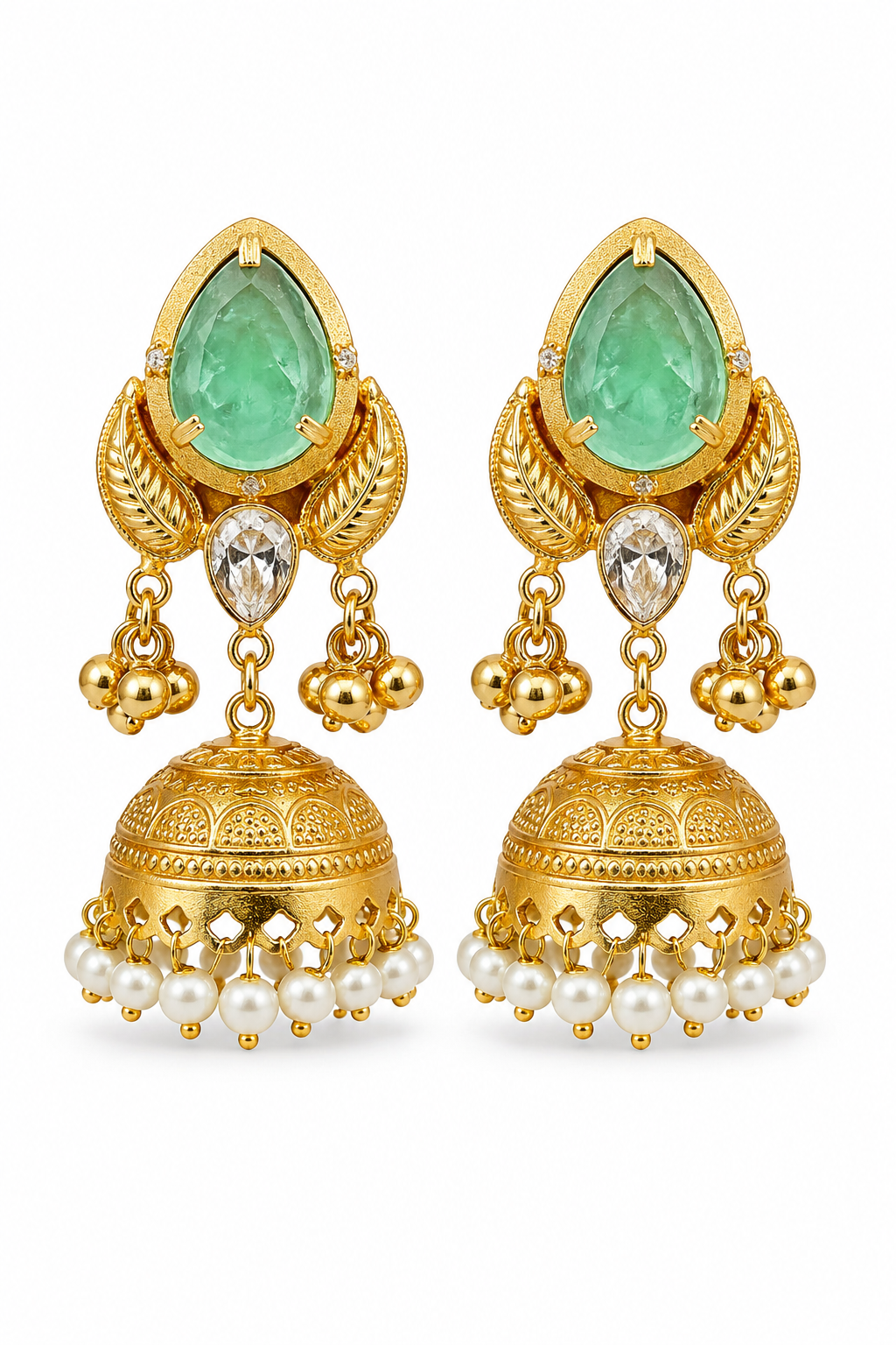 Pista Green Stone Pearl Jhumka Earrings