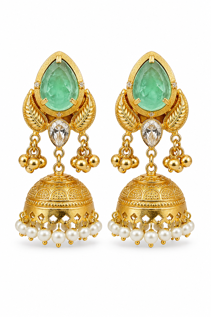 Pista Green Stone Pearl Jhumka Earrings