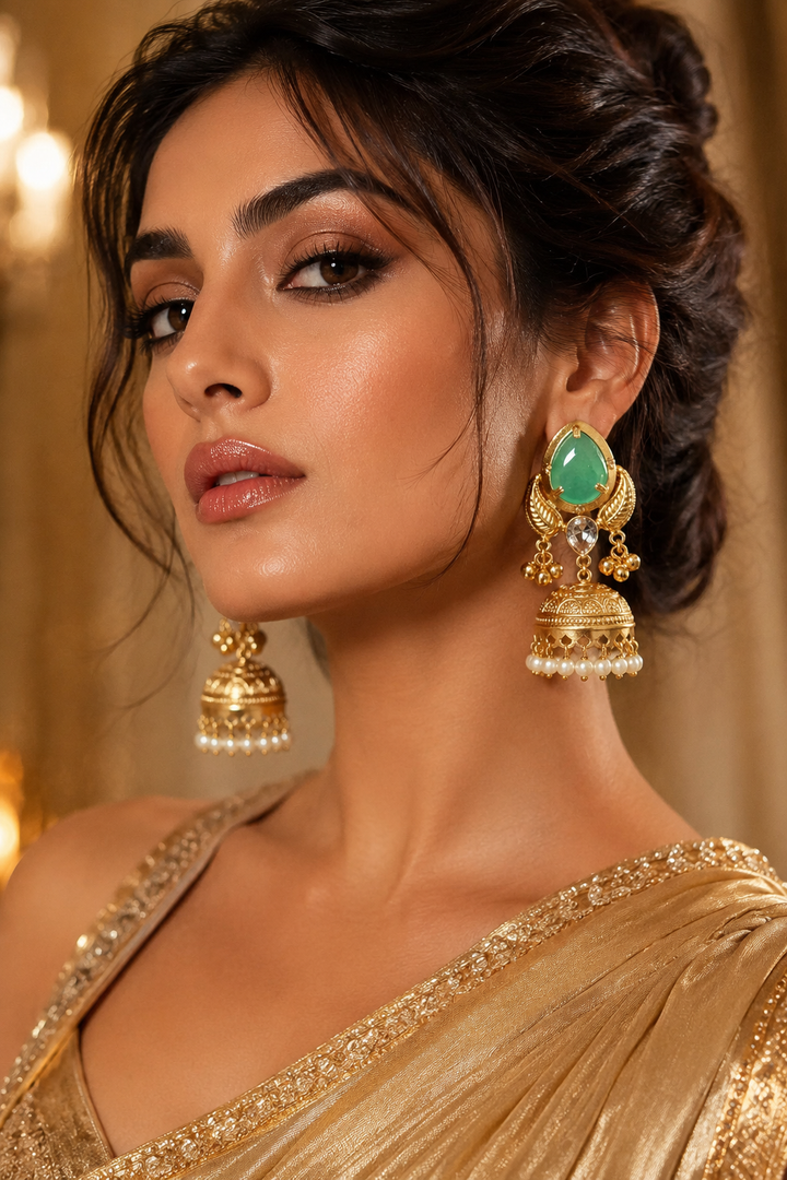 Pista Green Stone Pearl Jhumka Earrings