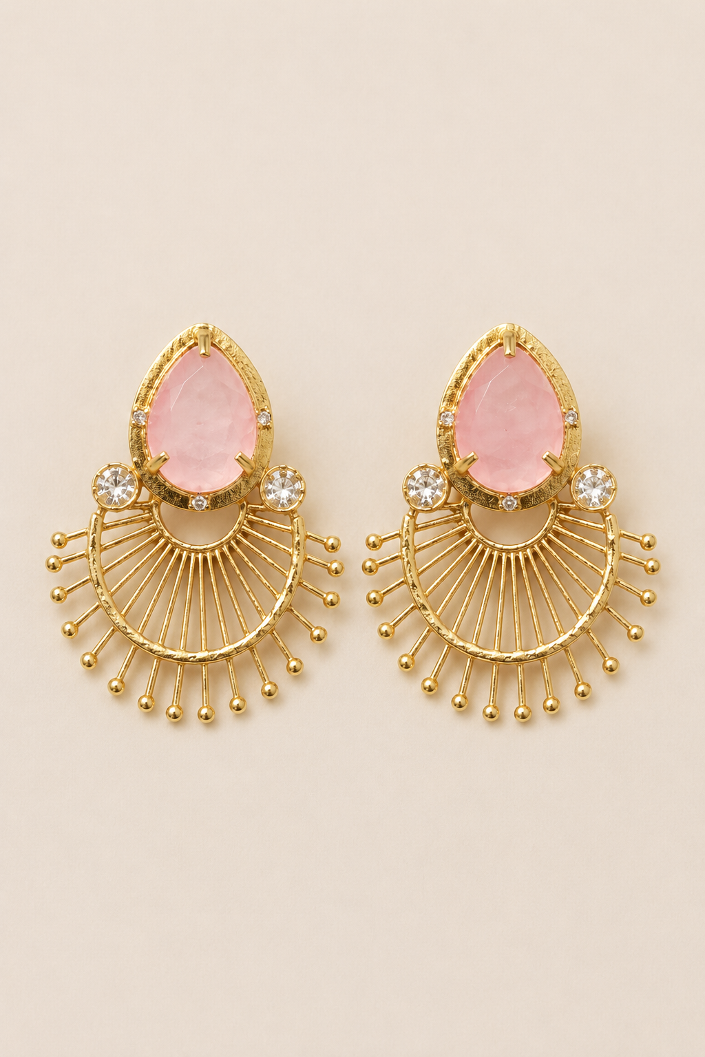 Pink Stone Fan Design Ethnic Earrings
