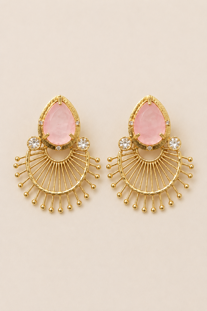 Pink Stone Fan Design Ethnic Earrings