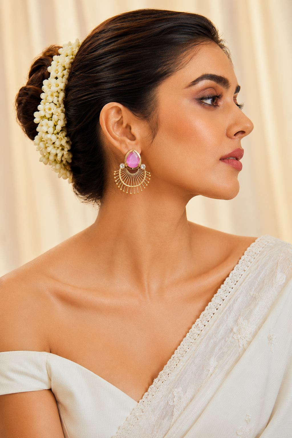 Pink Stone Fan Design Ethnic Earrings