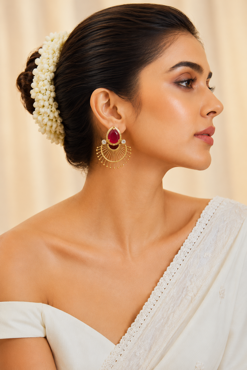 Ruby Stone Fan Design Earrings
