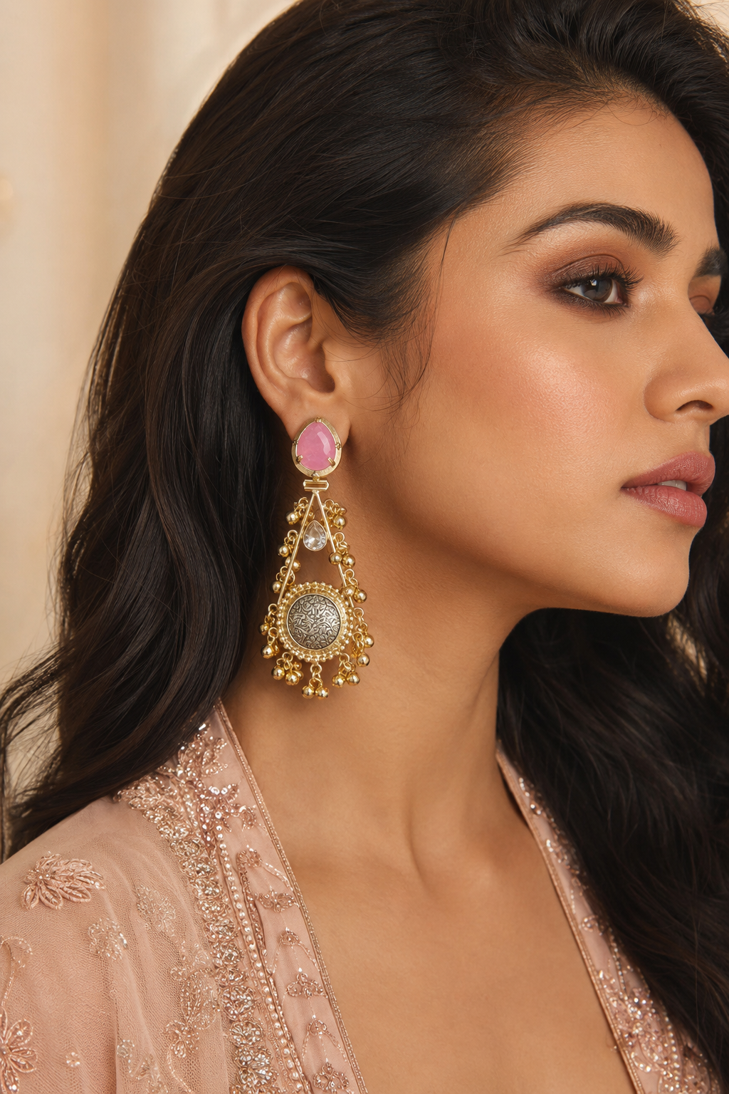 Pink Stone Antique Coin Drop Earrings