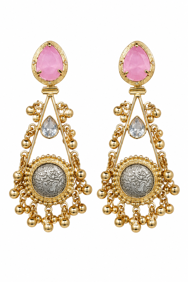 Pink Stone Antique Coin Drop Earrings