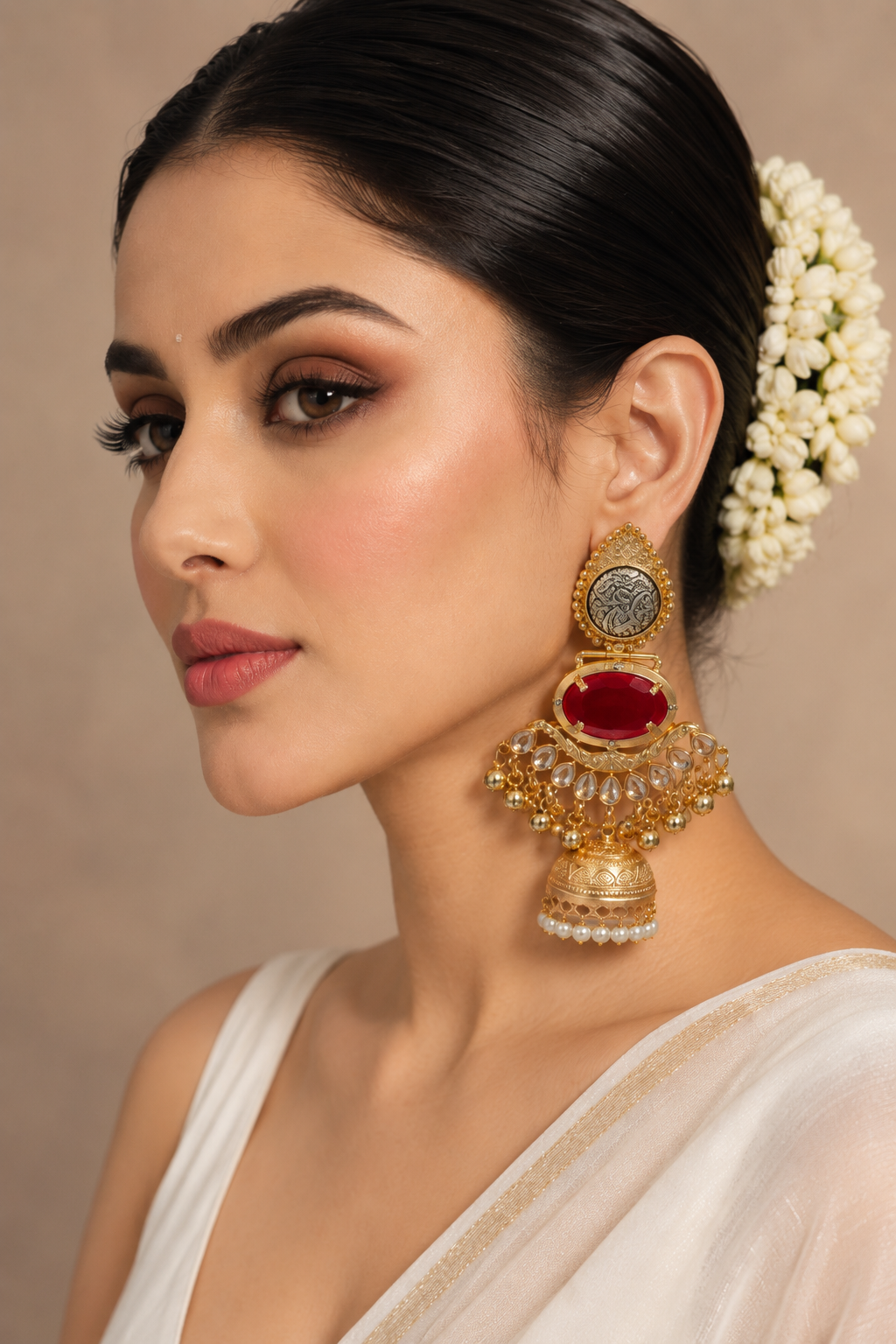 Red Stone Gold Jhumka Earrings for Women