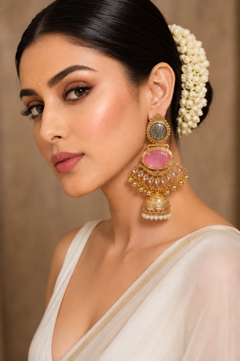 Pink Kundan Jhumka Dangler Earrings for Women