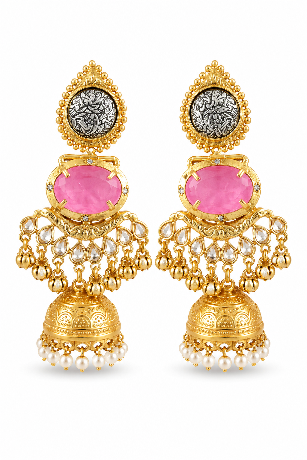 Pink Kundan Jhumka Dangler Earrings for Women