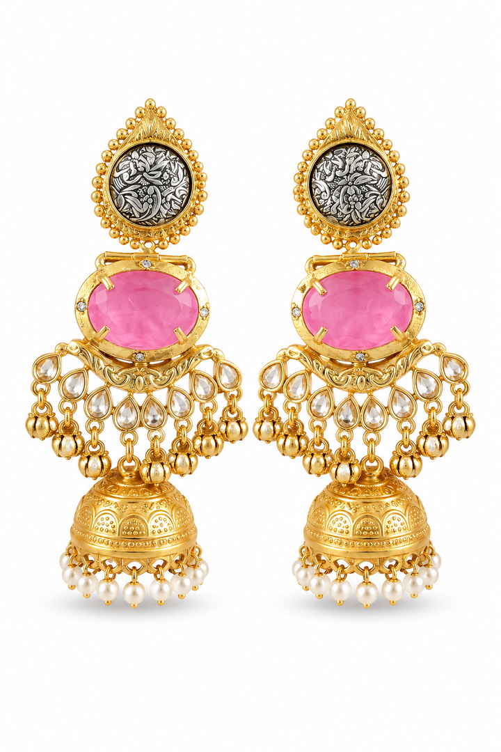 Pink Kundan Jhumka Dangler Earrings for Women