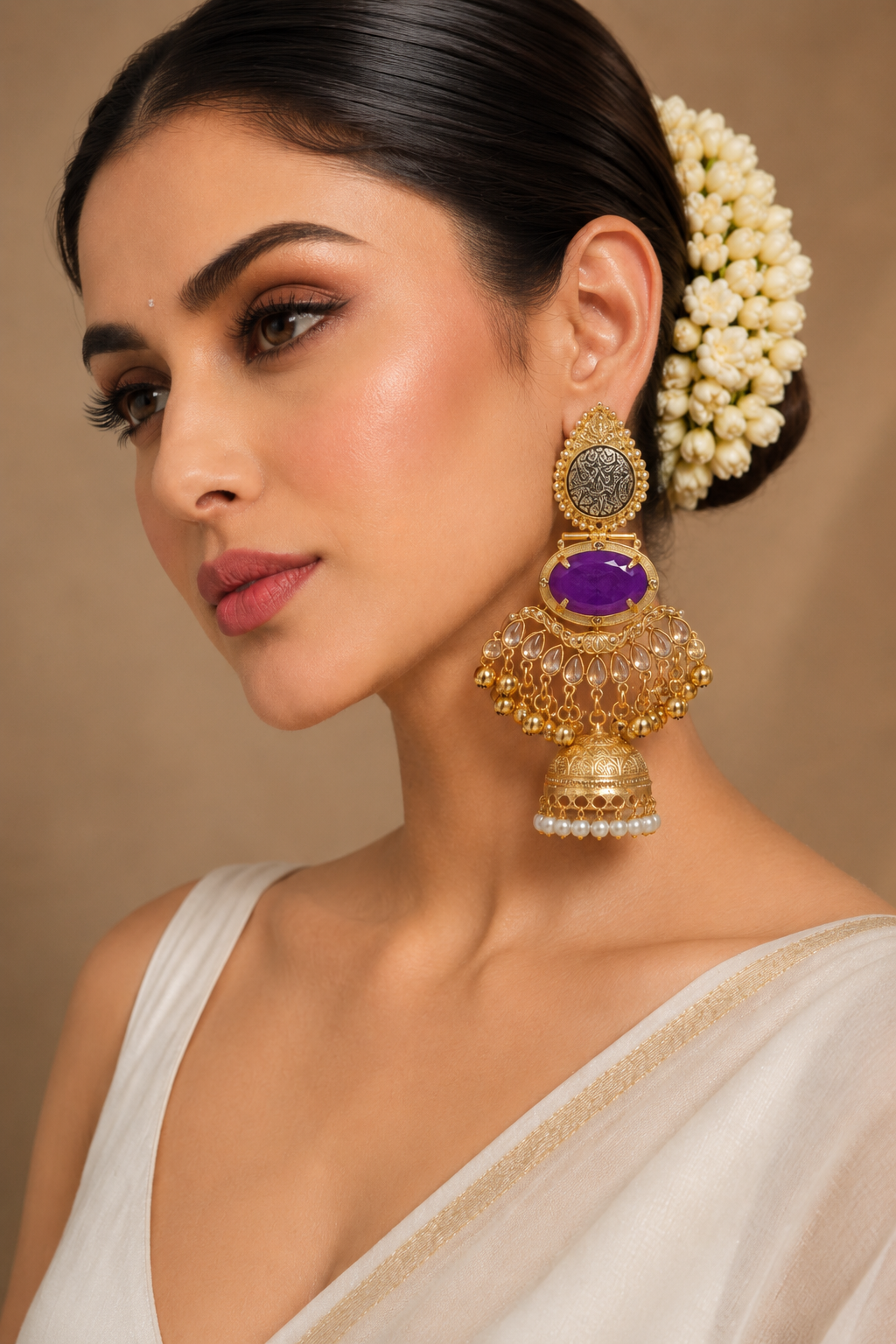 Purple Stone Ethnic Jhumka Earrings for Women