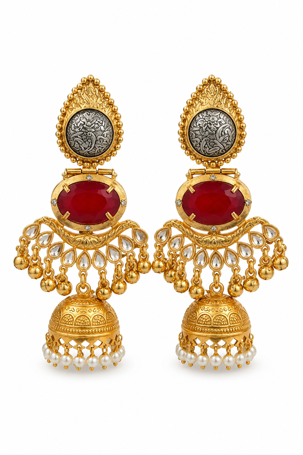 Red Stone Gold Jhumka Earrings for Women