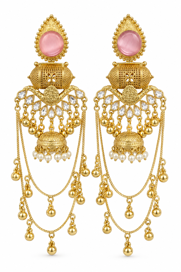Pink Stone Gold Plated Long Chain Jhumka Earrings