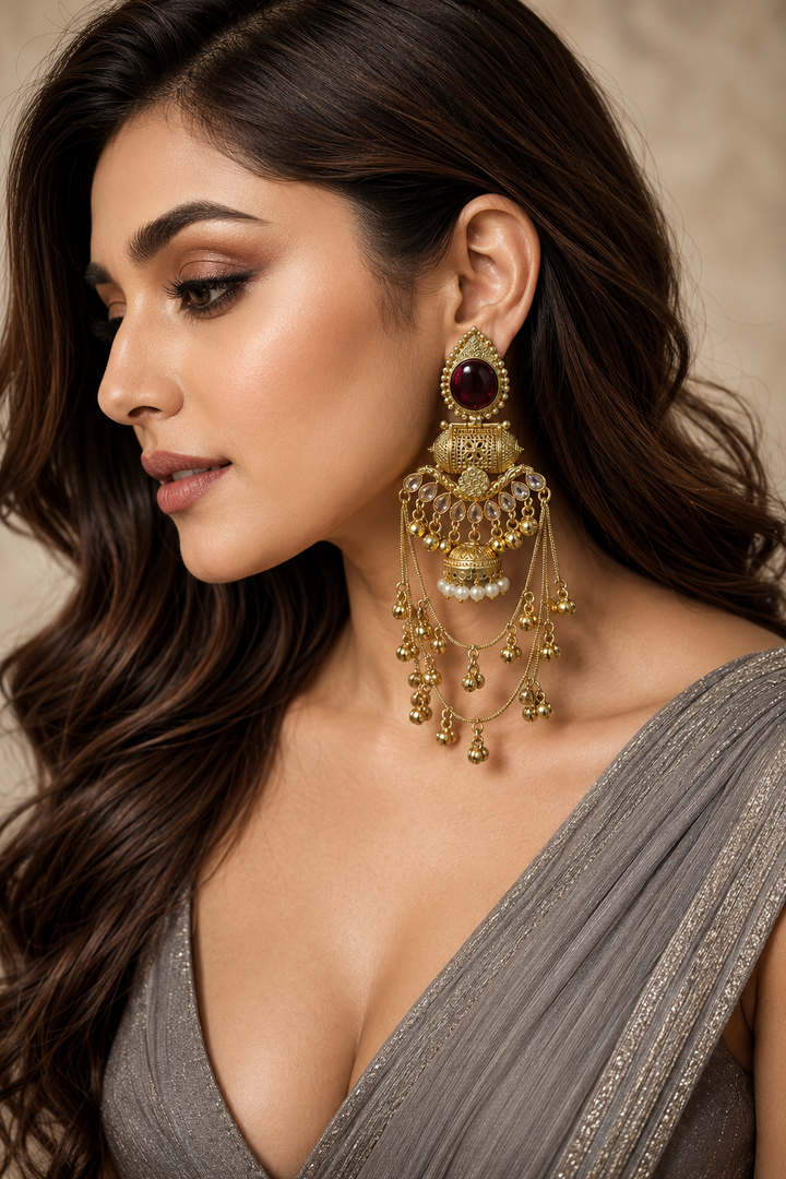 Brown Gold Bridal Jhumka Earrings With Pearl Chain Tassels Women