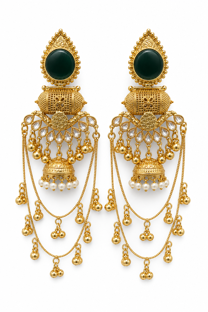 Black Gold Jhumka Earrings With Chain Tassels For Women Wedding
