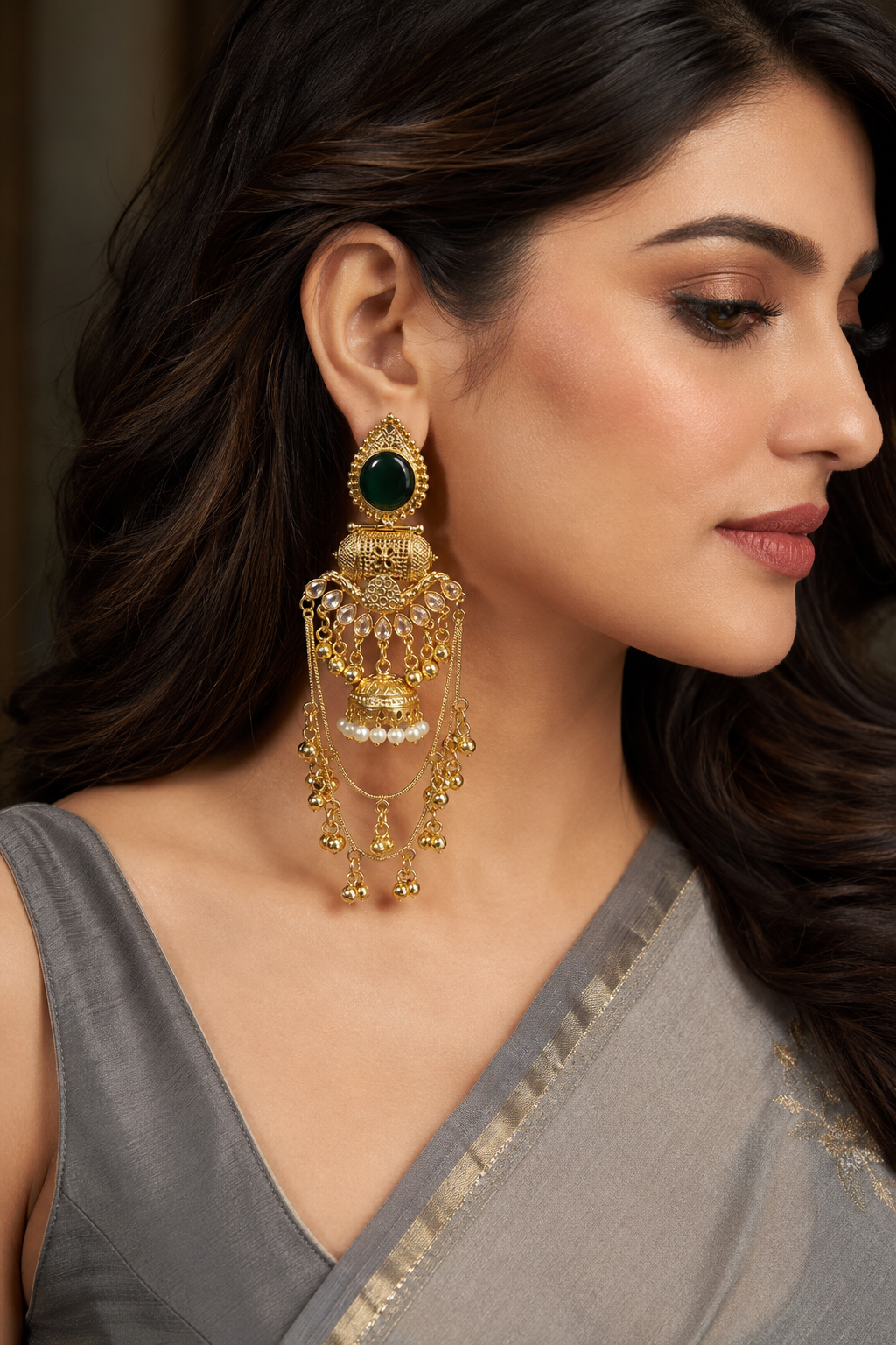 Black Gold Jhumka Earrings With Chain Tassels For Women Wedding