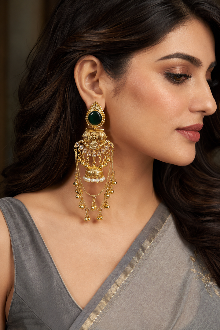 Black Gold Jhumka Earrings With Chain Tassels For Women Wedding