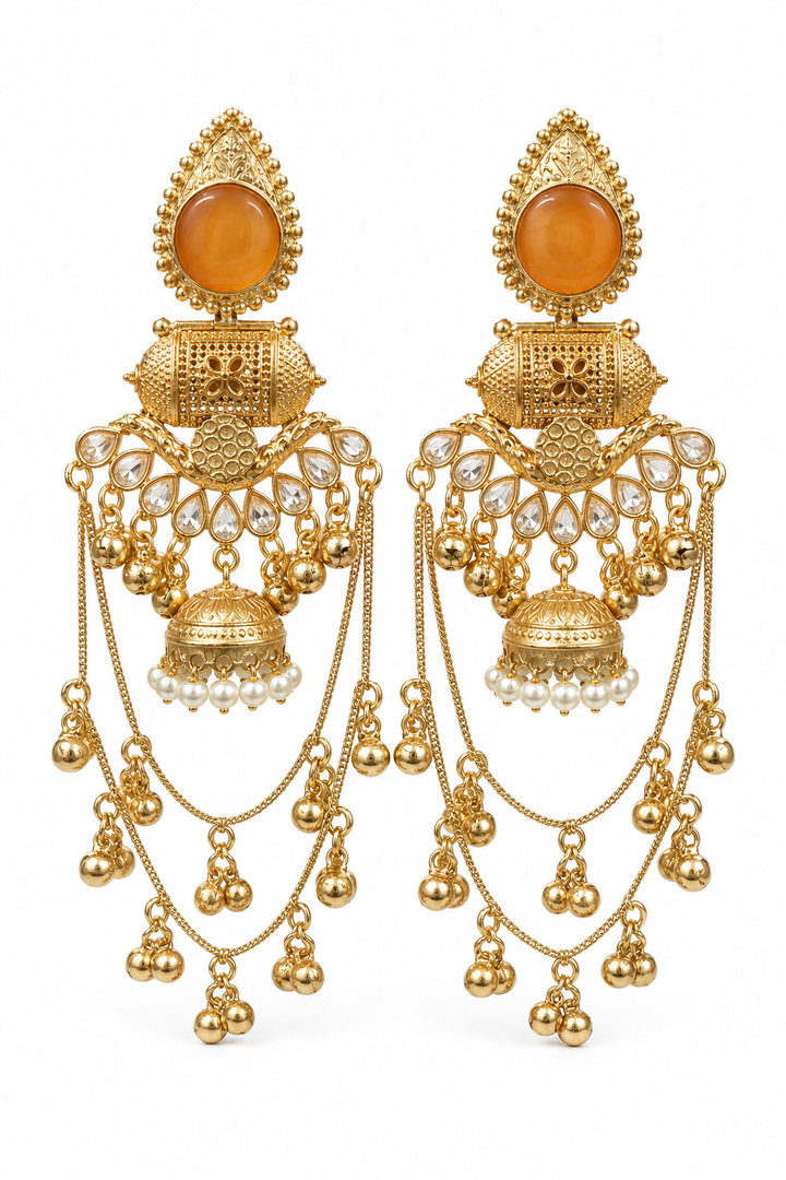 Orange Stone Gold Plated Bridal Kanoti Jhumka Earrings for Women