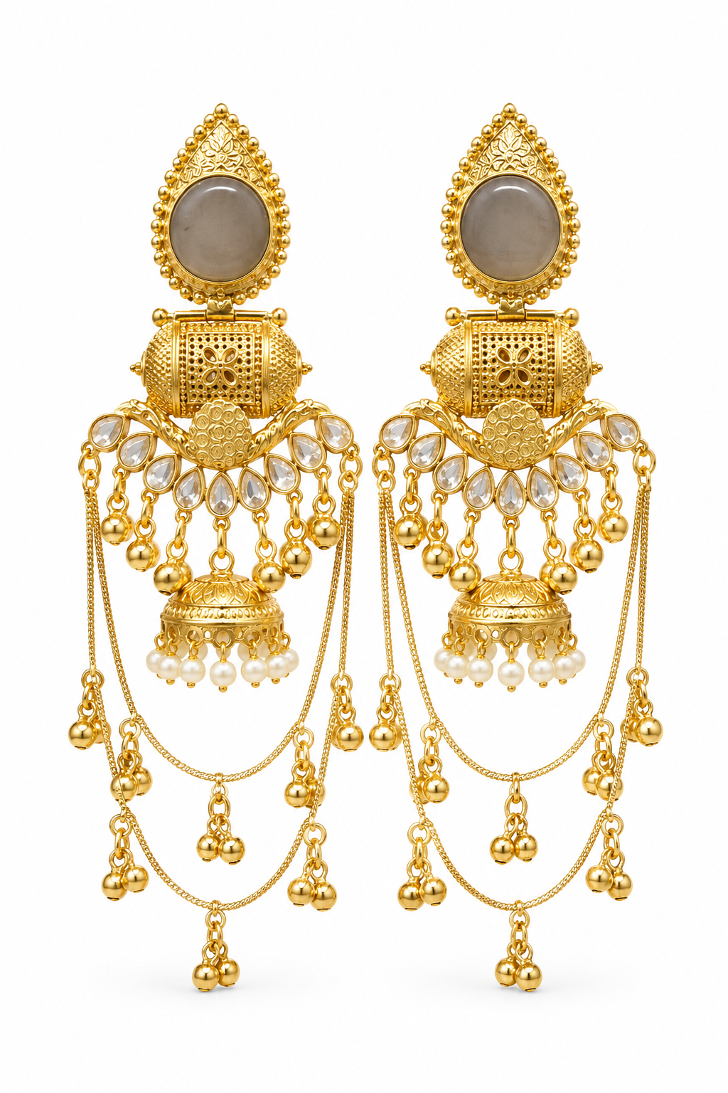 White Stone Designer Gold Plated Chandbali Jhumka Earrings for Women