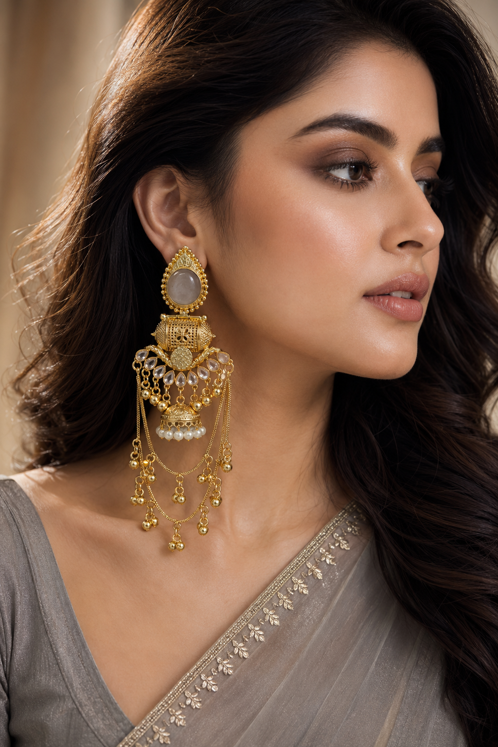 White Stone Designer Gold Plated Chandbali Jhumka Earrings for Women