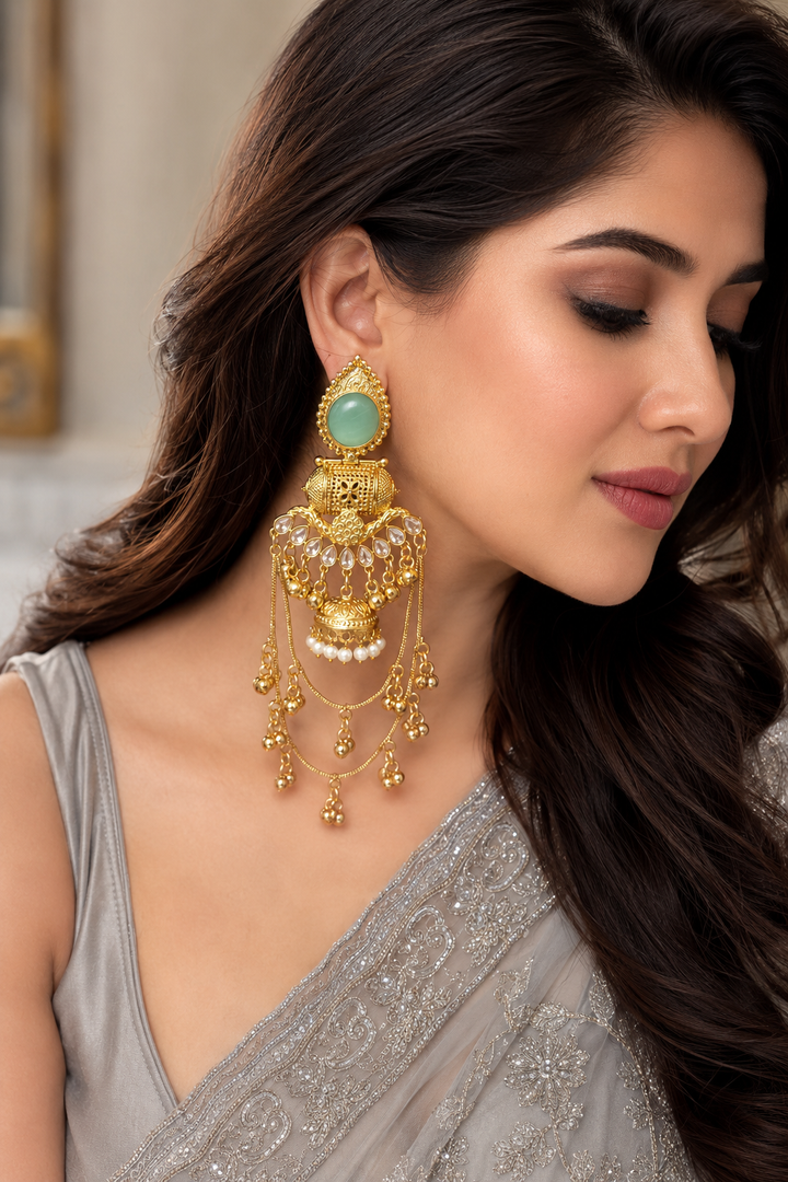 Turquoise Kundan Pearl Layered Jhumka Chandbali Party Earrings