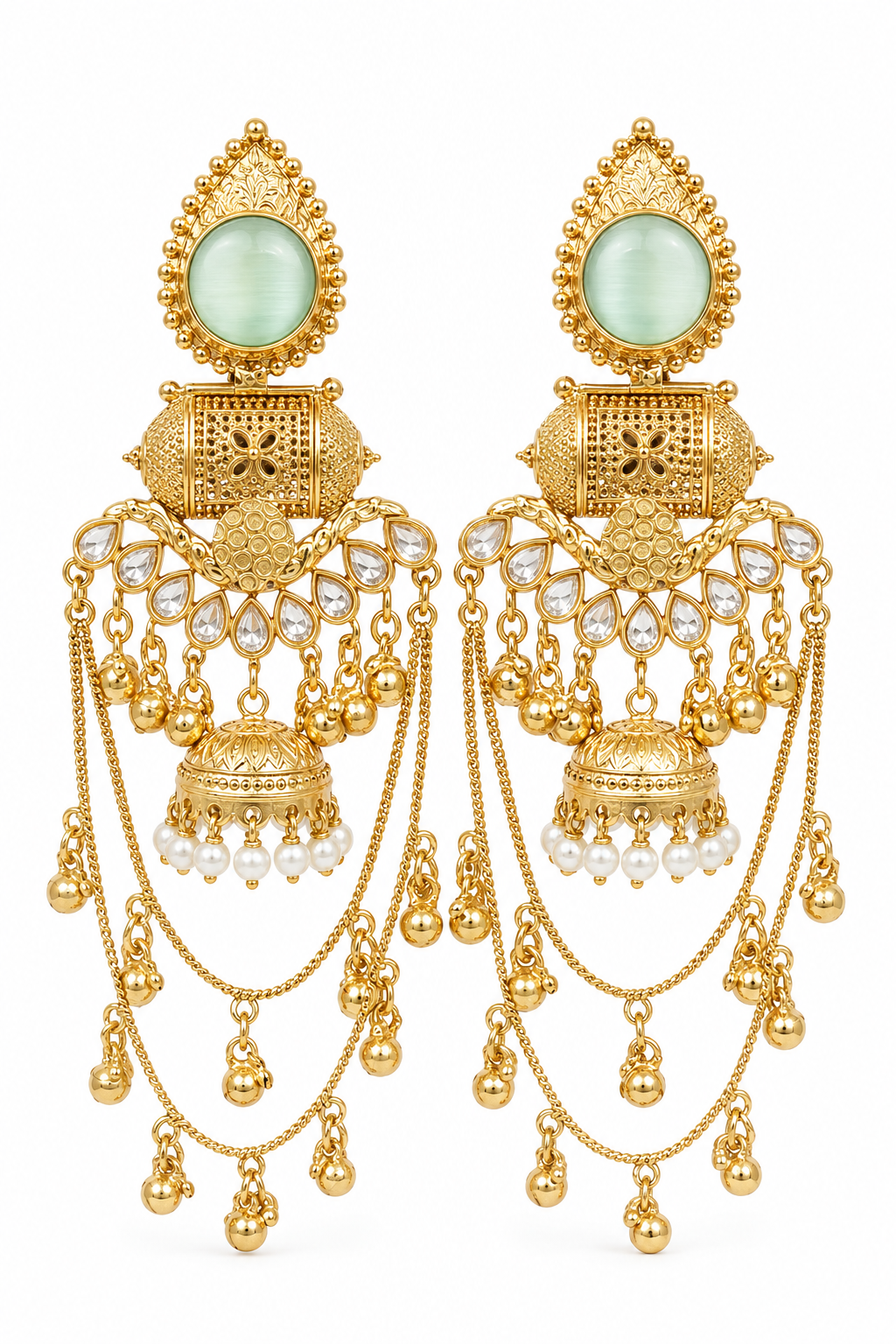 Turquoise Kundan Pearl Layered Jhumka Chandbali Party Earrings