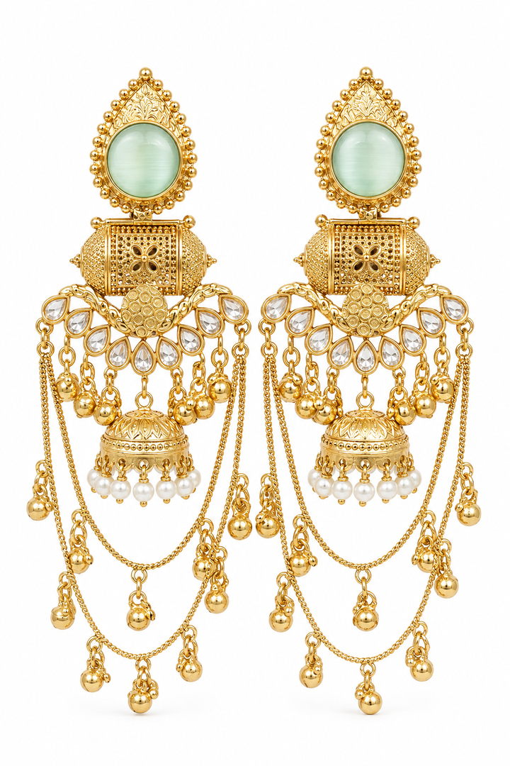 Turquoise Kundan Pearl Layered Jhumka Chandbali Party Earrings