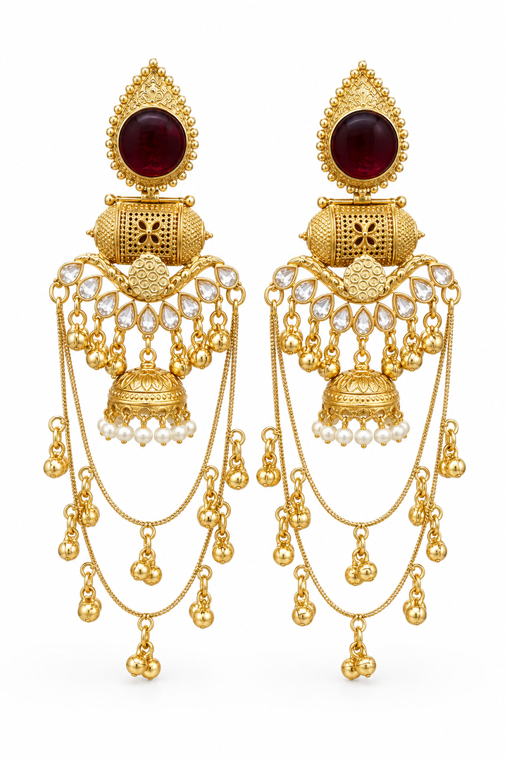 Maroon Kundan Pearl Jhumka Chandbali Earrings Traditional Wedding Party Wear