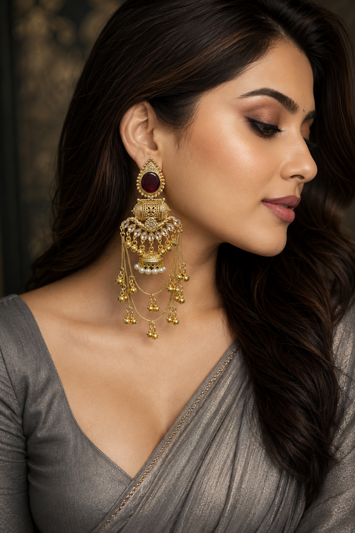 Maroon Kundan Pearl Jhumka Chandbali Earrings Traditional Wedding Party Wear