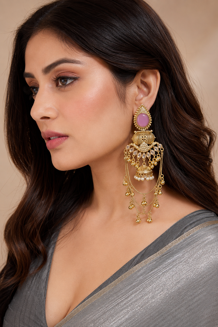Pink Stone Gold Plated Long Chain Jhumka Earrings
