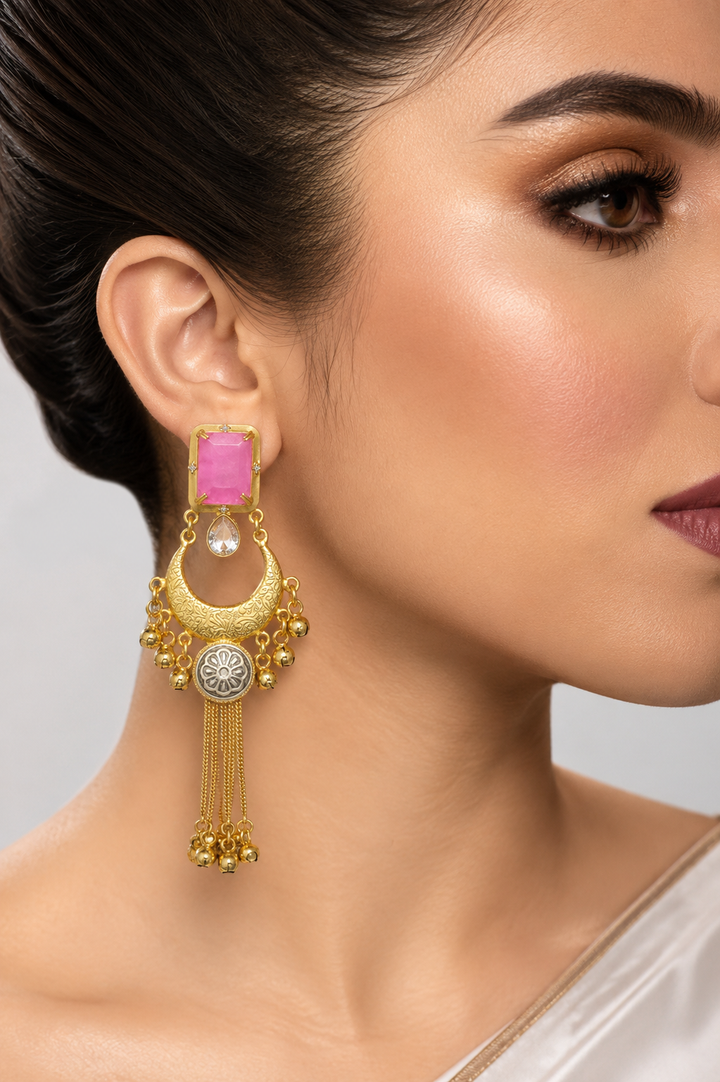 Pink Stone Gold Chandbali Tassel Earrings Traditional Party Wear Designer Jewelry