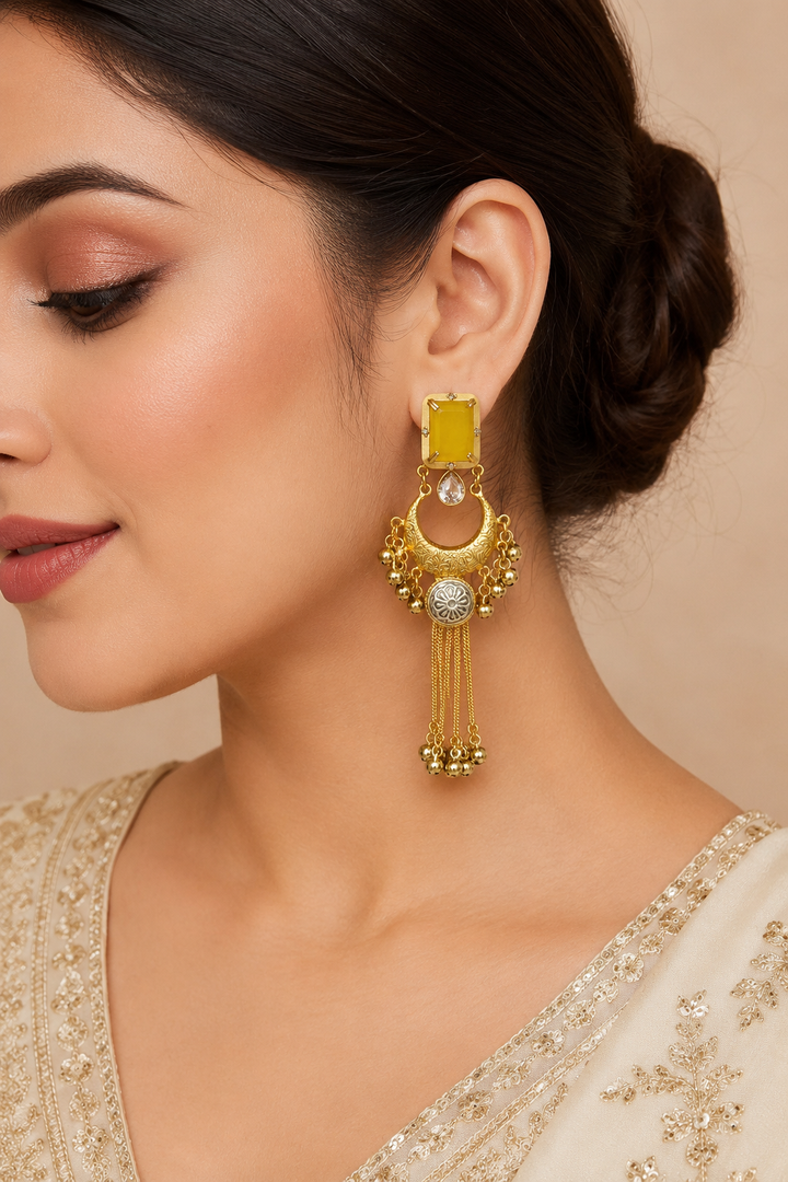 Yellow Stone Gold Plated Chandbali Tassel Jhumka Earrings Party Wear Traditional