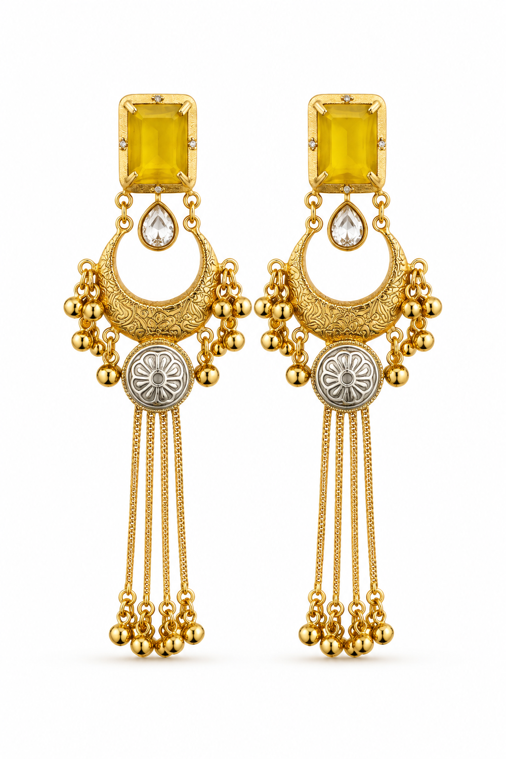 Yellow Stone Gold Plated Chandbali Tassel Jhumka Earrings Party Wear Traditional