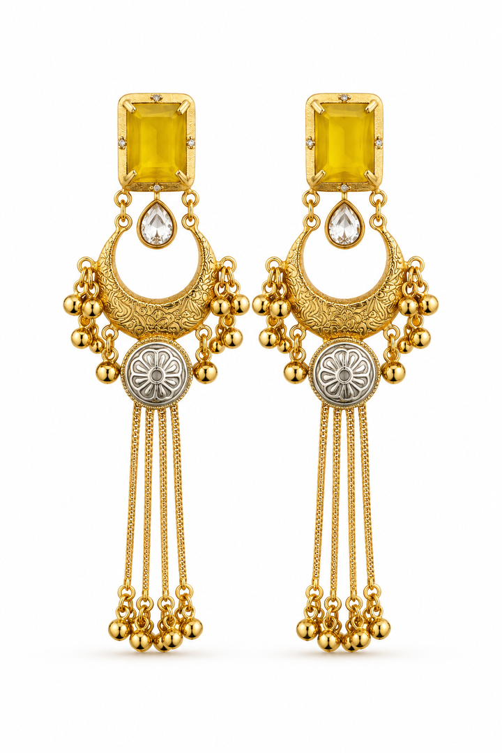Yellow Stone Gold Plated Chandbali Tassel Jhumka Earrings Party Wear Traditional
