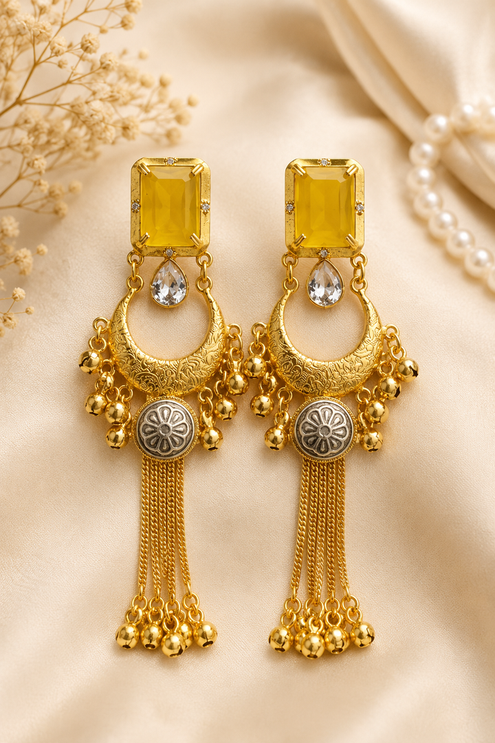 Yellow Stone Gold Plated Chandbali Tassel Jhumka Earrings Party Wear Traditional
