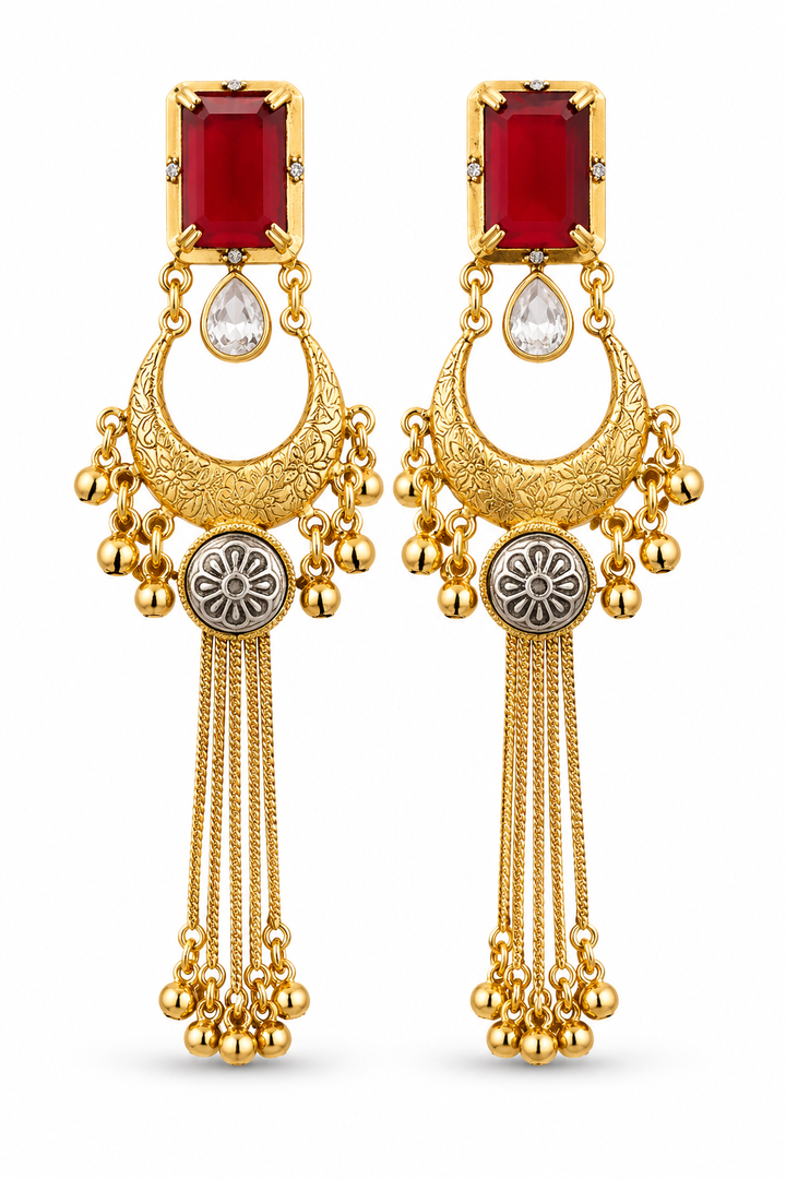 Ruby Stone Gold Plated Chandbali Tassel Earrings Party Wear Traditional Designer