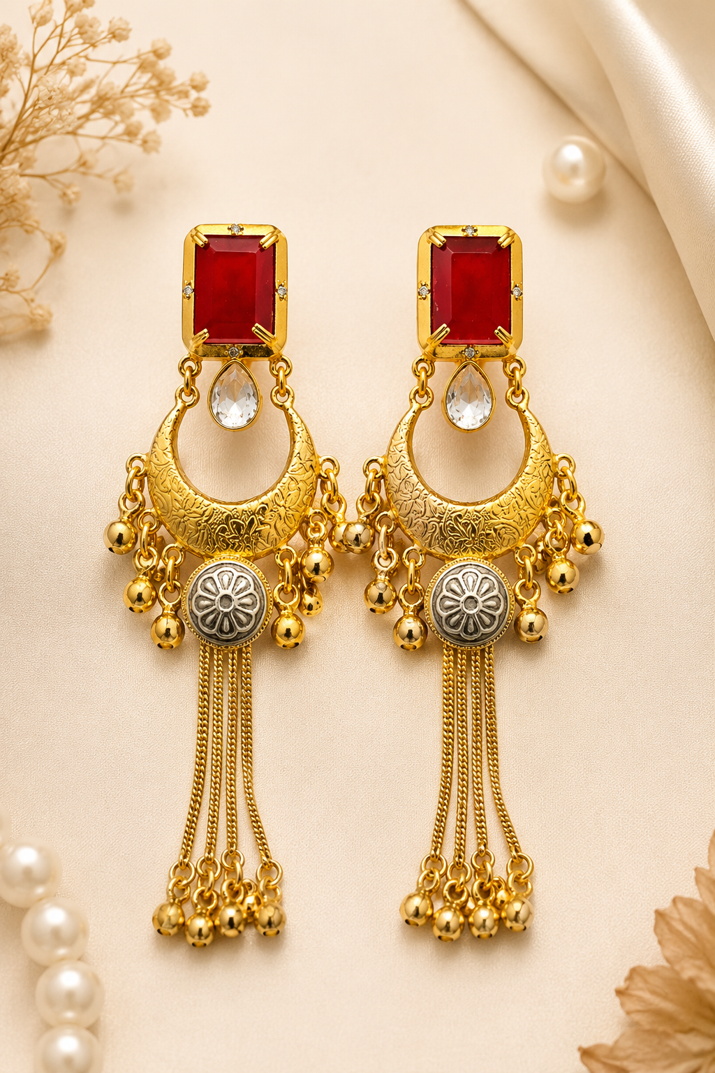 Ruby Stone Gold Plated Chandbali Tassel Earrings Party Wear Traditional Designer