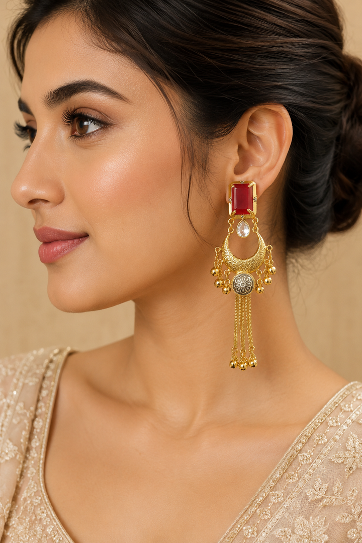 Ruby Stone Gold Plated Chandbali Tassel Earrings Party Wear Traditional Designer