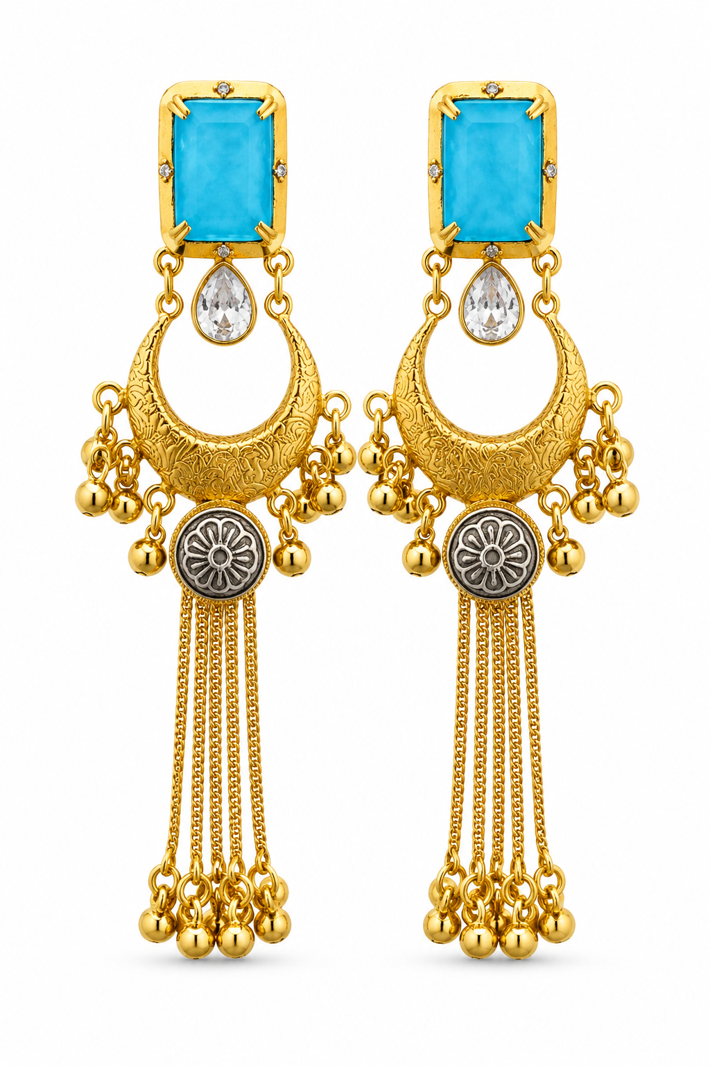 Sky Blue Stone Gold Chandbali Tassel Earrings Wedding Party Traditional Wear