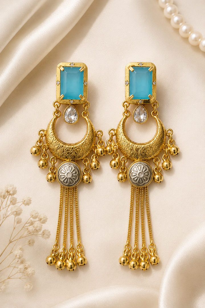 Sky Blue Stone Gold Chandbali Tassel Earrings Wedding Party Traditional Wear