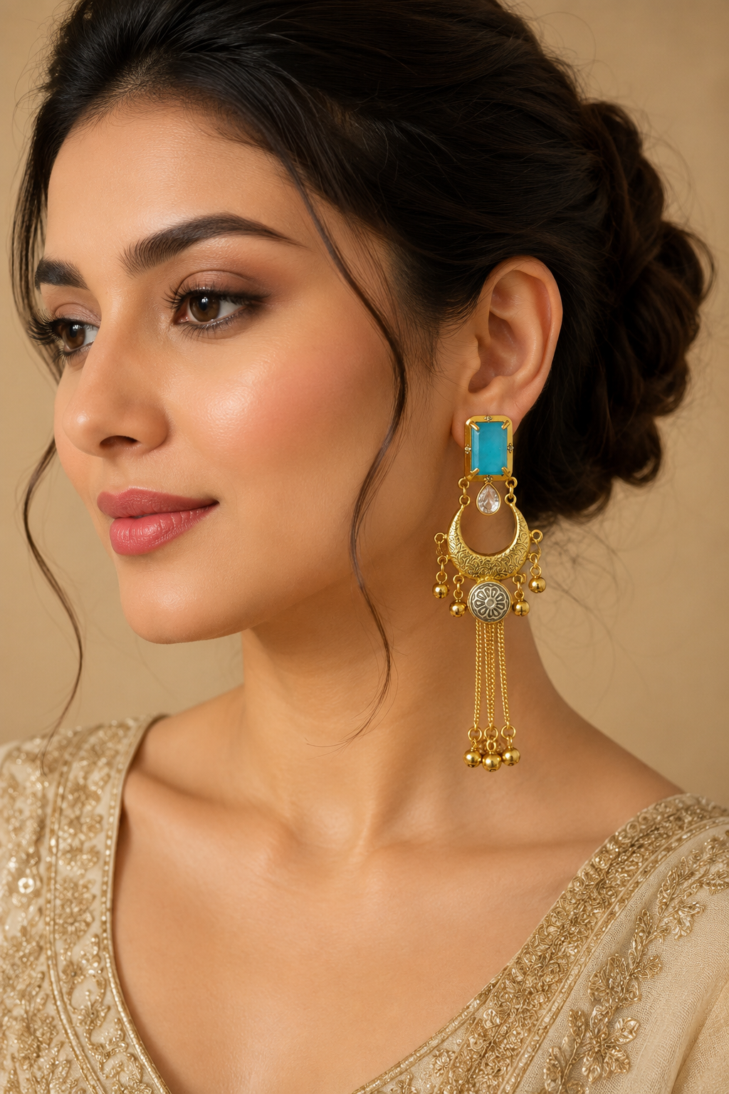 Sky Blue Stone Gold Chandbali Tassel Earrings Wedding Party Traditional Wear