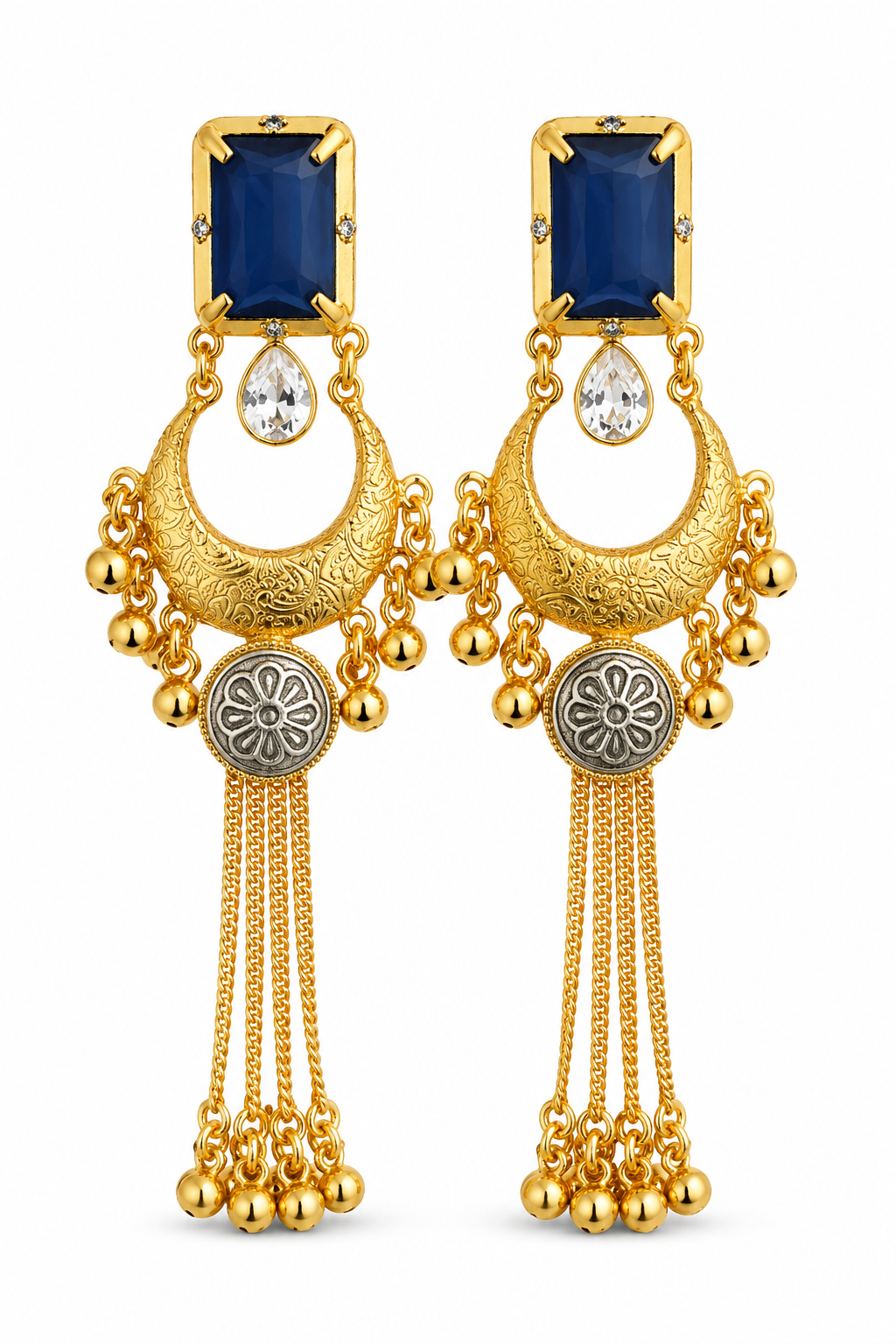 Blue Stone Gold Plated Chandbali Tassel Earrings Wedding Party Traditional Wear