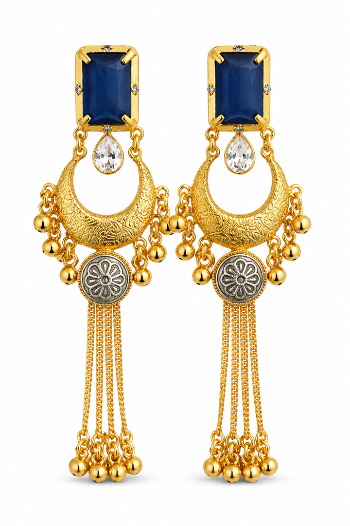 Blue Stone Gold Plated Chandbali Tassel Earrings Wedding Party Traditional Wear